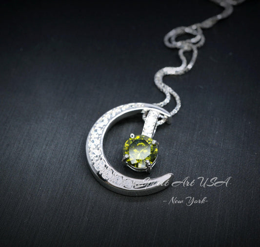 Crescent Moon Peridot Necklace - 18kgp Sterling Silver - One Necklace Two wear - Genuine Green Peridot Pendant - Gemstone Moon Jewelry #227