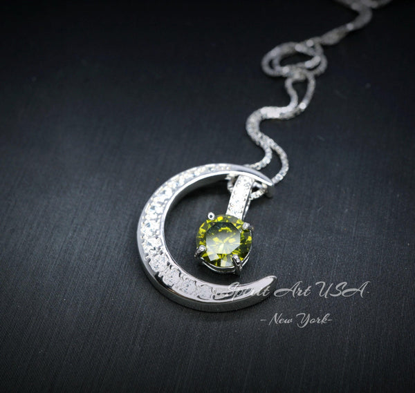 Crescent Moon Peridot Necklace - 18kgp Sterling Silver - One Necklace Two wear - Green Peridot Pendant - Gemstone Moon Jewelry #227
