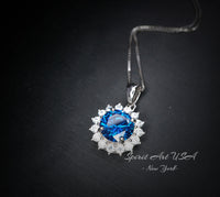 Blue Sapphire Necklace Gemstone Sunflower Pendant 8 mm White Gold Coated Princess Diana Style 2 CT Deep Blue Gemstone Jewelry #283
