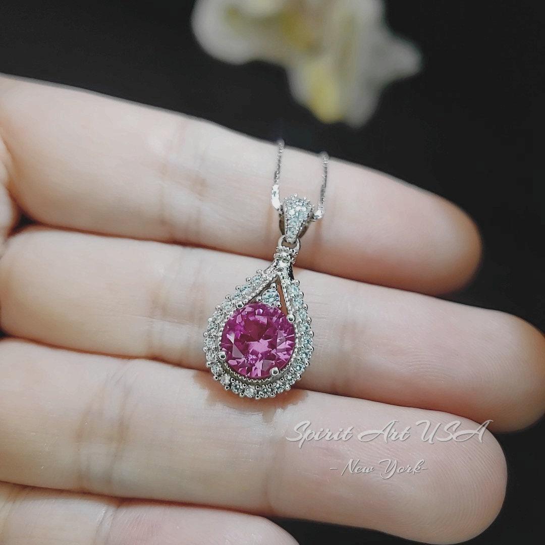 Pink Tourmaline Round Necklace - Fuchsia Tourmaline Sterling Silver 8mm 1.5Ct Pink Gemstone #387