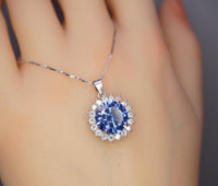 10mm 3 ct Tanzanite Necklace - Princess Diana Sunflower Simple Solitaire Halo - Lab Created Energic Blue Tanzanite Pendant #505