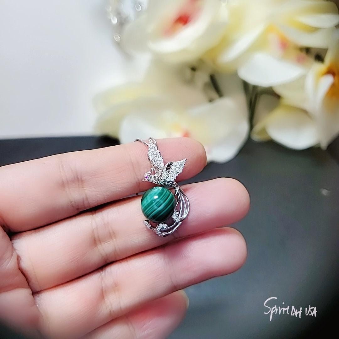 Natural Green Malachite Phoenix Necklace White Gold plated Sterling Silver Bird Pendant #559