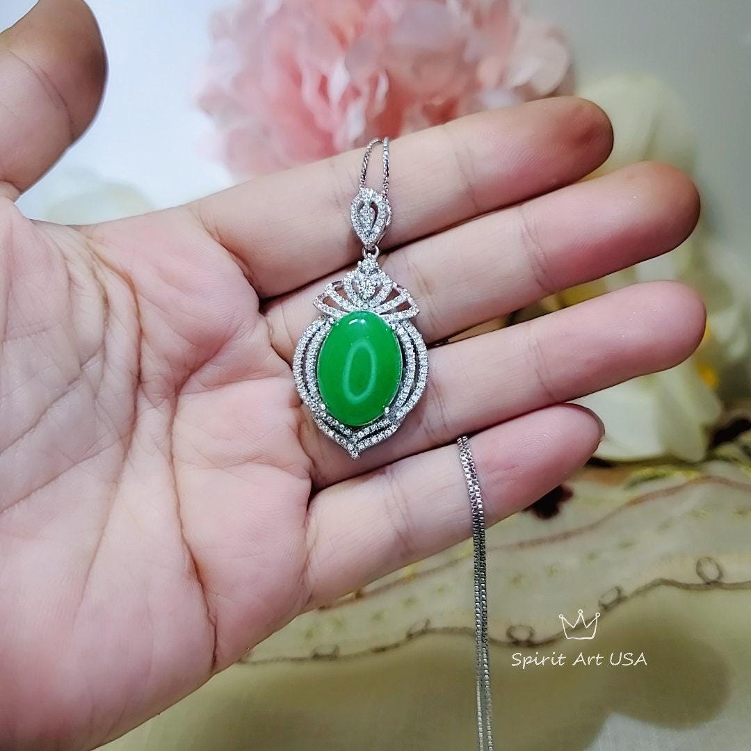 Large Green Jade Necklace Diamond Crown White Gold Coated Sterling Silver Green Jade Pendant Jewelry 1046