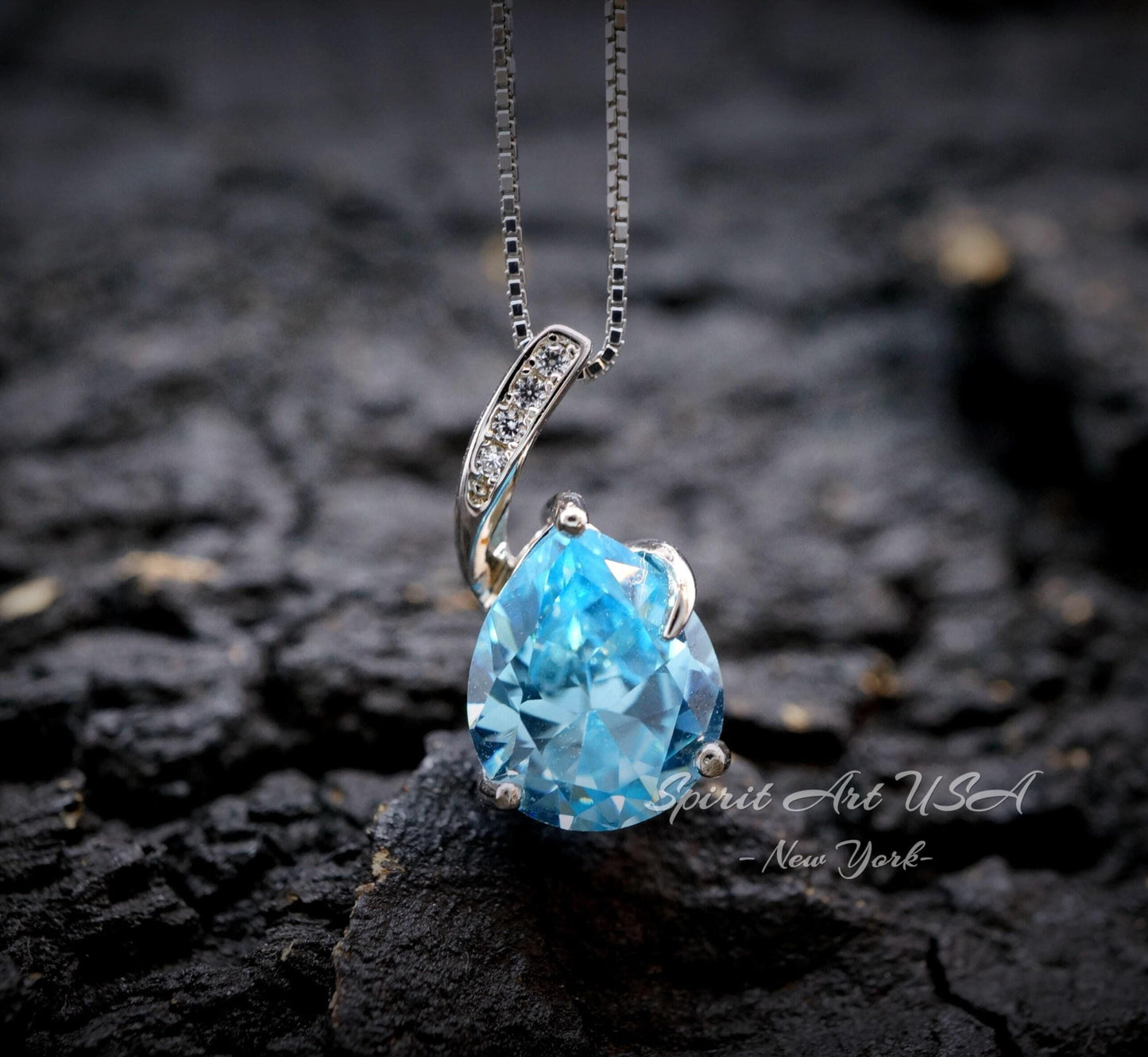 Classic Simple Aquamarine Necklace - 18KGP& Sterling Silver - Teardrop Blue Aquamarine Pendant - March Birthstone - Pear 3.5 CT Large #680