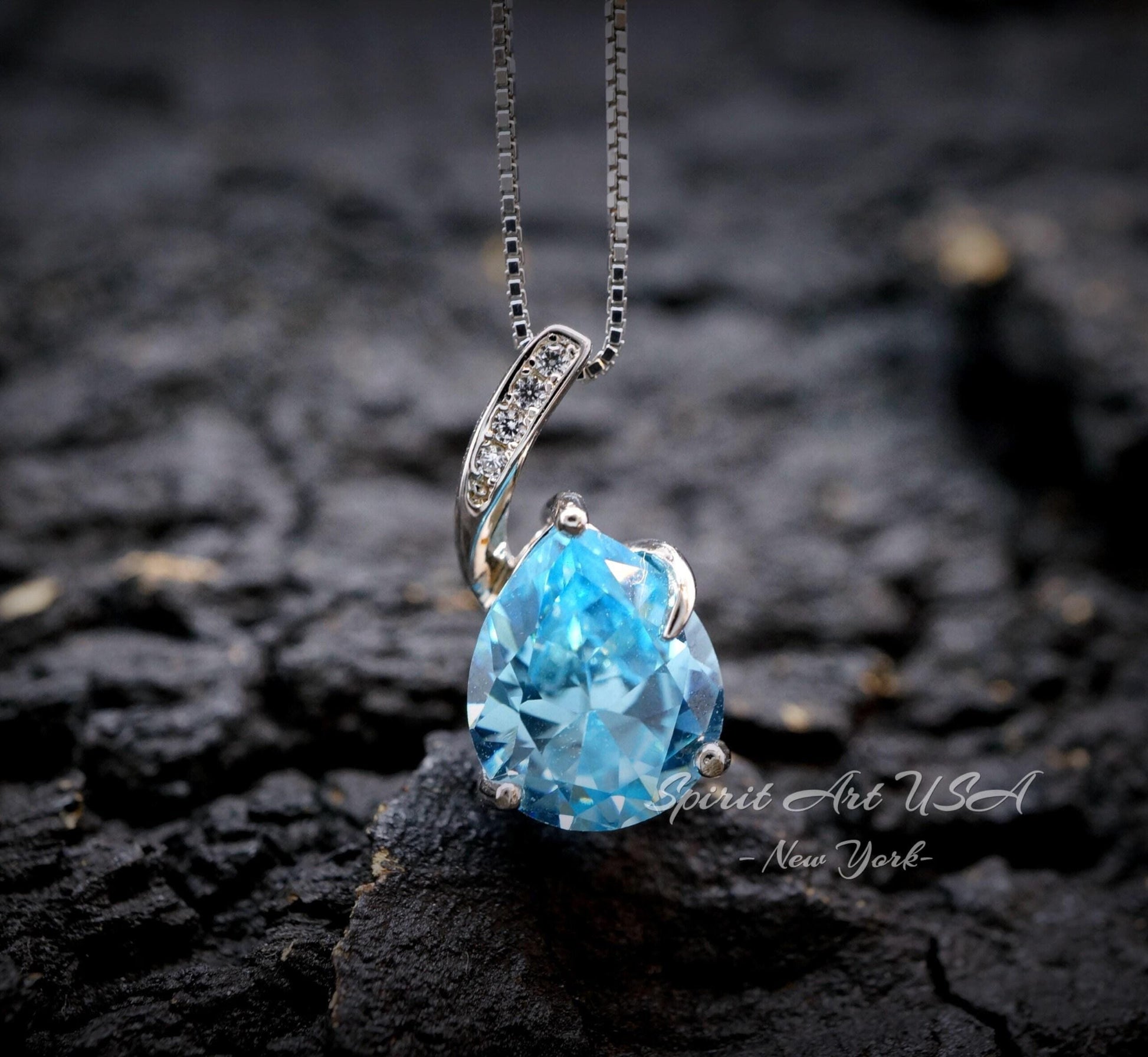 Classic Simple Aquamarine Necklace - 18KGP& Sterling Silver - Teardrop Blue Aquamarine Pendant - March Birthstone - Pear 3.5 CT Large #680