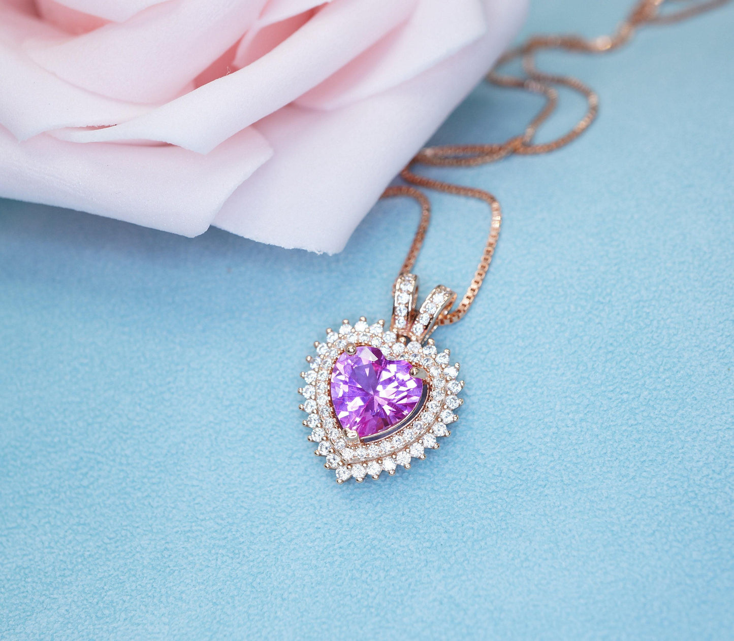 Pink Tourmaline Necklace - Double Halo Heart Rose gold at Sterling Silver - 8mm 2 ct Pink Tourmaline Pendant Jewelry #975