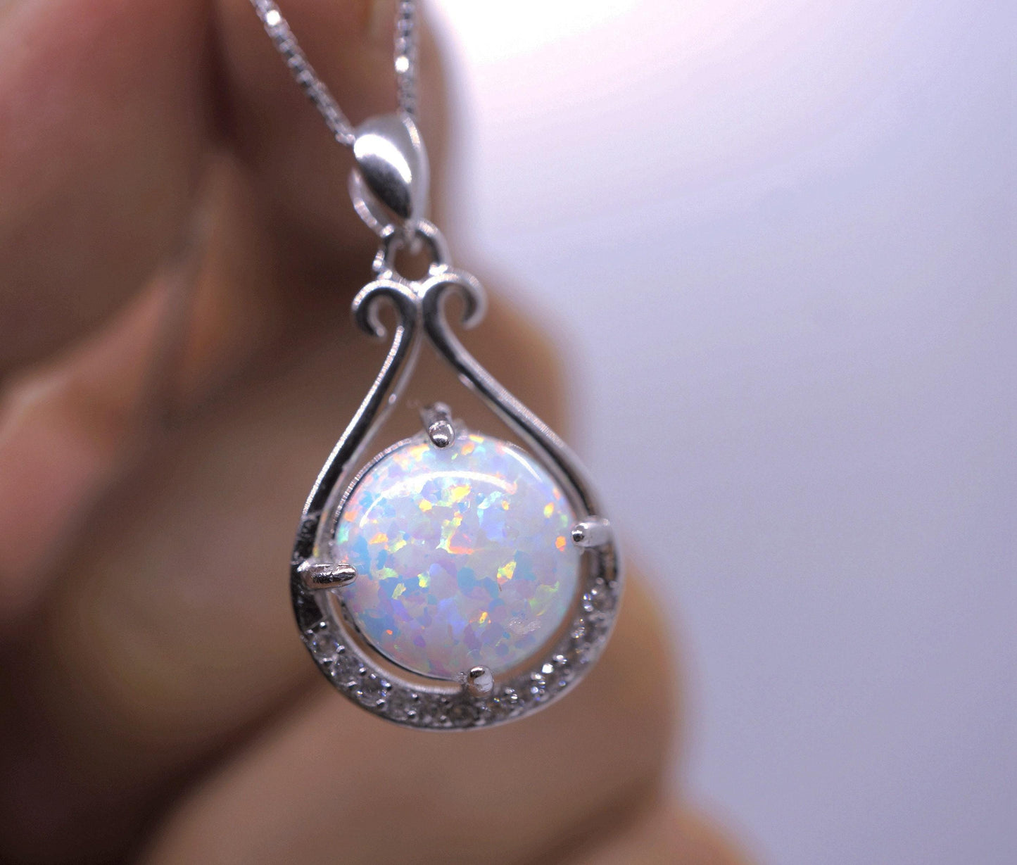 Rose Gold Opal Necklace, Sterling Silver Box Chain Round 10mm White Opal Necklace - Large High Quality Flash Opal Jewelry #123