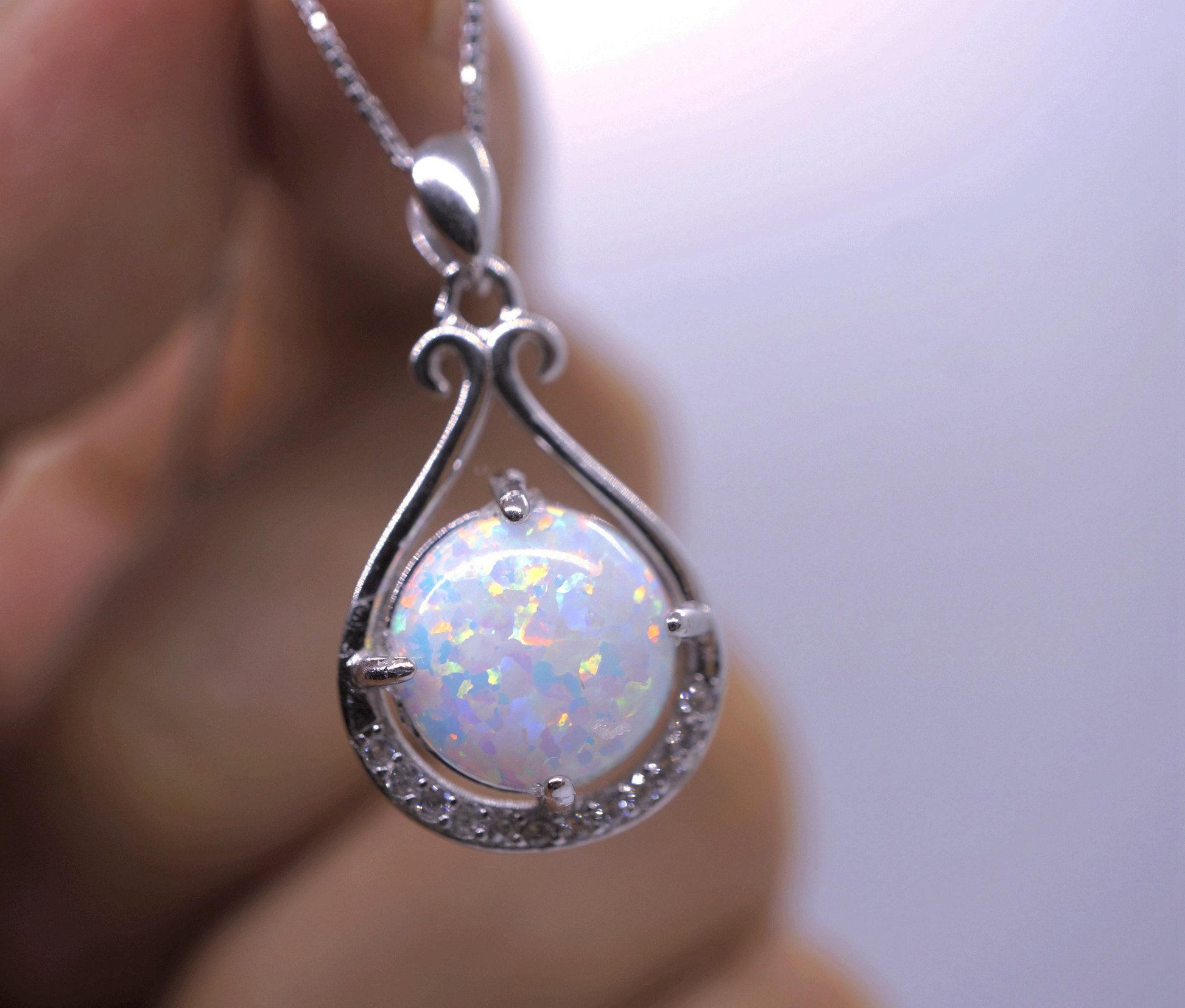 Rose Gold Opal Necklace, Sterling Silver Box Chain Round 10mm White Opal Necklace - Large High Quality Flash Opal Jewelry #123