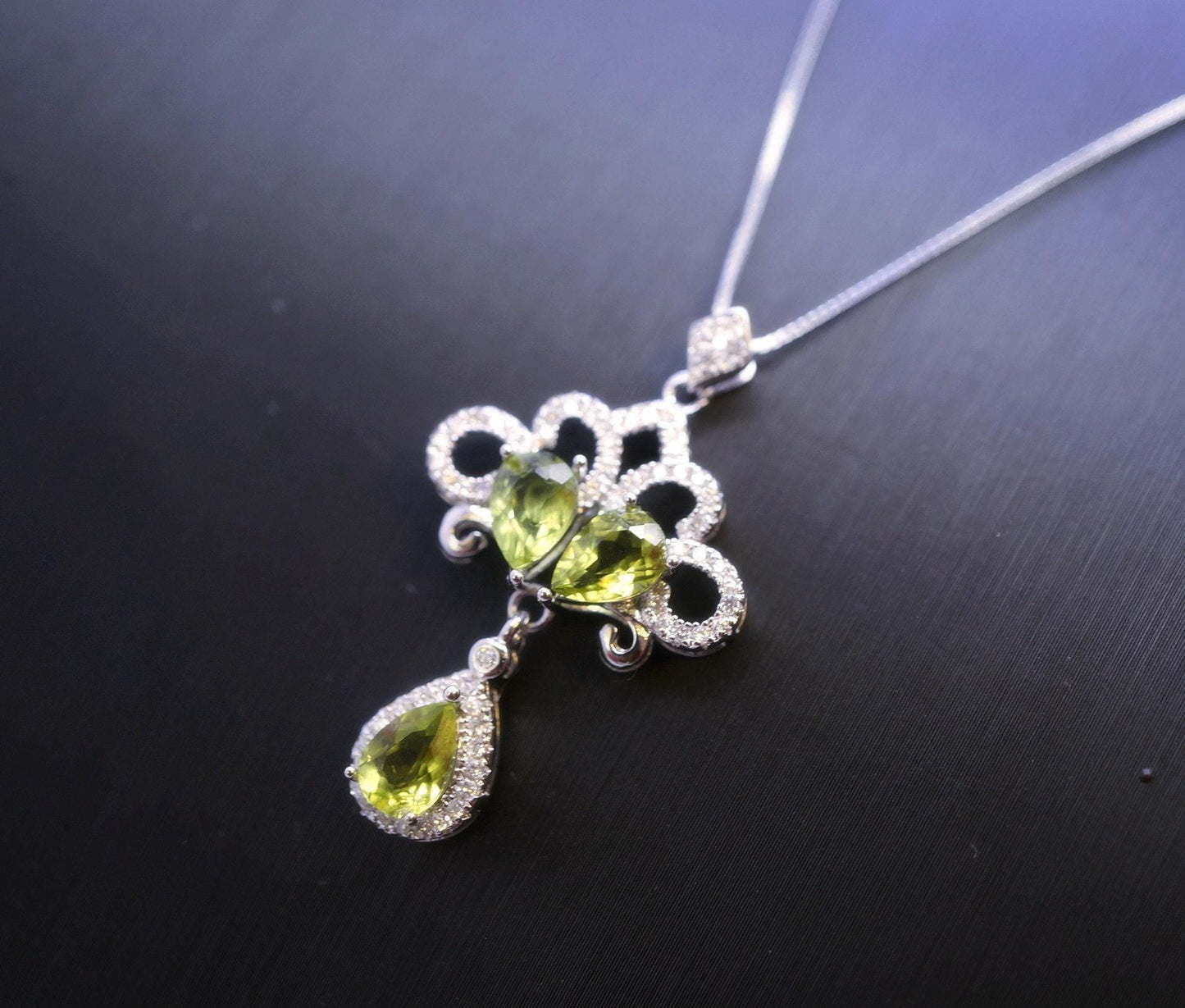 Natural Green Peridot Necklace - Gemstone Phoenix Peacock Genuine Peridot Pendant -18kgp sterling silver #617