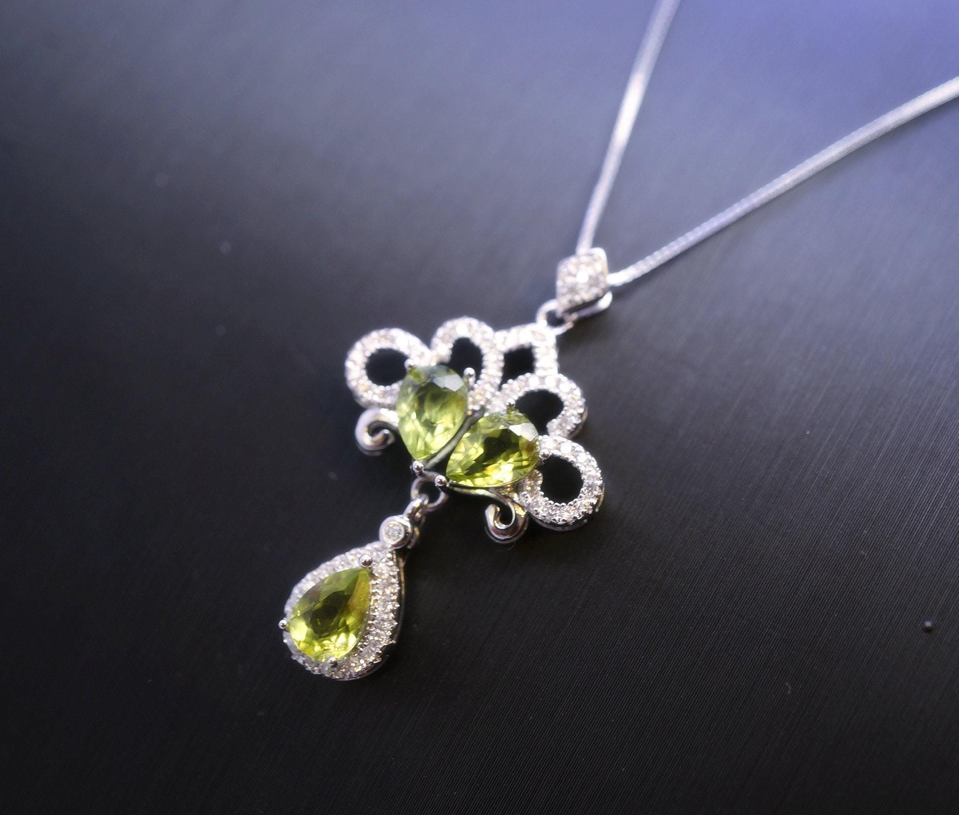 Natural Green Peridot Necklace - Gemstone Phoenix Peacock Genuine Peridot Pendant -18kgp sterling silver #617