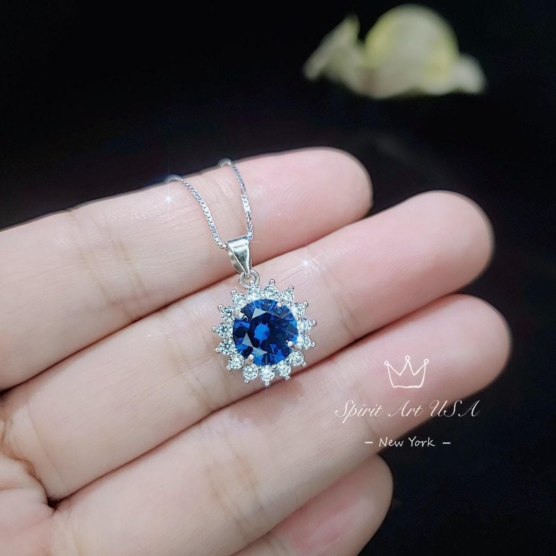 Blue Sapphire Necklace Gemstone Sunflower Pendant 8 mm White Gold Coated Princess Diana Style 2 CT Deep Blue Gemstone Jewelry #283