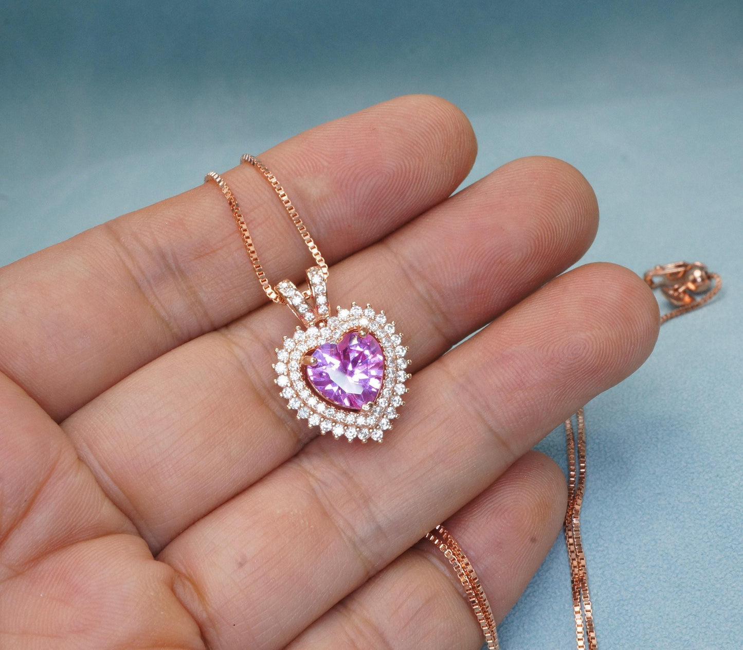 Pink Tourmaline Necklace - Double Halo Heart Rose gold at Sterling Silver - 8mm 2 ct Pink Tourmaline Pendant Jewelry #975