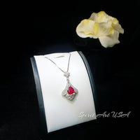 Mandolin flower Red Ruby Necklace - 1.2 ct Trillion Cut Red Ruby Pendant - White Gold coated Sterling Silver #678