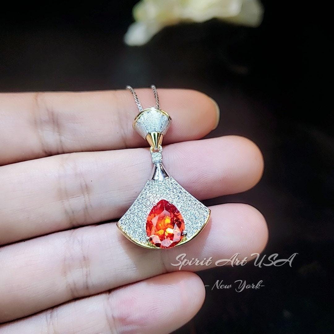 Brilliant Sunstone Necklace - Full Sterling Silver - White Gold coated - Gemstone Drop 3 CT Orange Spessartite Garnet Jewelry #828