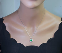 Green Emerald Heart Necklace - Sterling Silver Double Layer Gemstone 1.8 CT Green Heart Emerald Pendant #376
