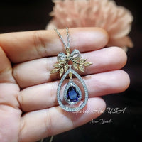 Teardrop Blue Sapphire Necklace Large Gold the Tree Of Life Pendant 18KGP Sterling Silver olive branch Necklace Blue Sapphire Pendant #859