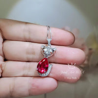 Ruby Necklace - Sterling Silver Red Fox Necklace - July Birthstone - White Gold coated - Teardrop 3.5 CT Red Ruby Pendant #437