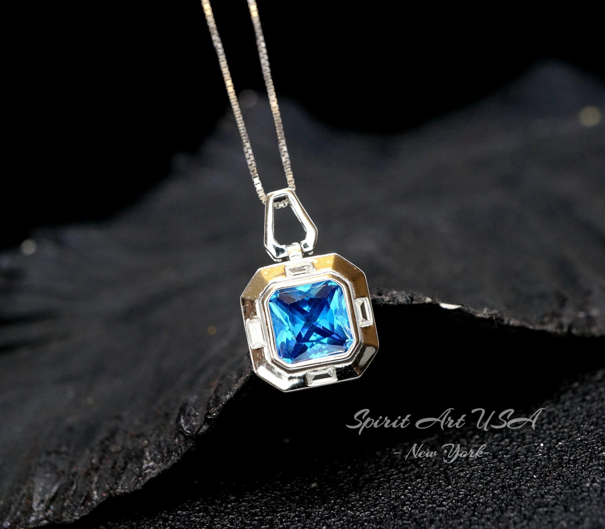 Square Blue Sapphire Necklace - Blue Sapphire Pendant - 18KGP @ Sterling Silver - September Birthstone #929