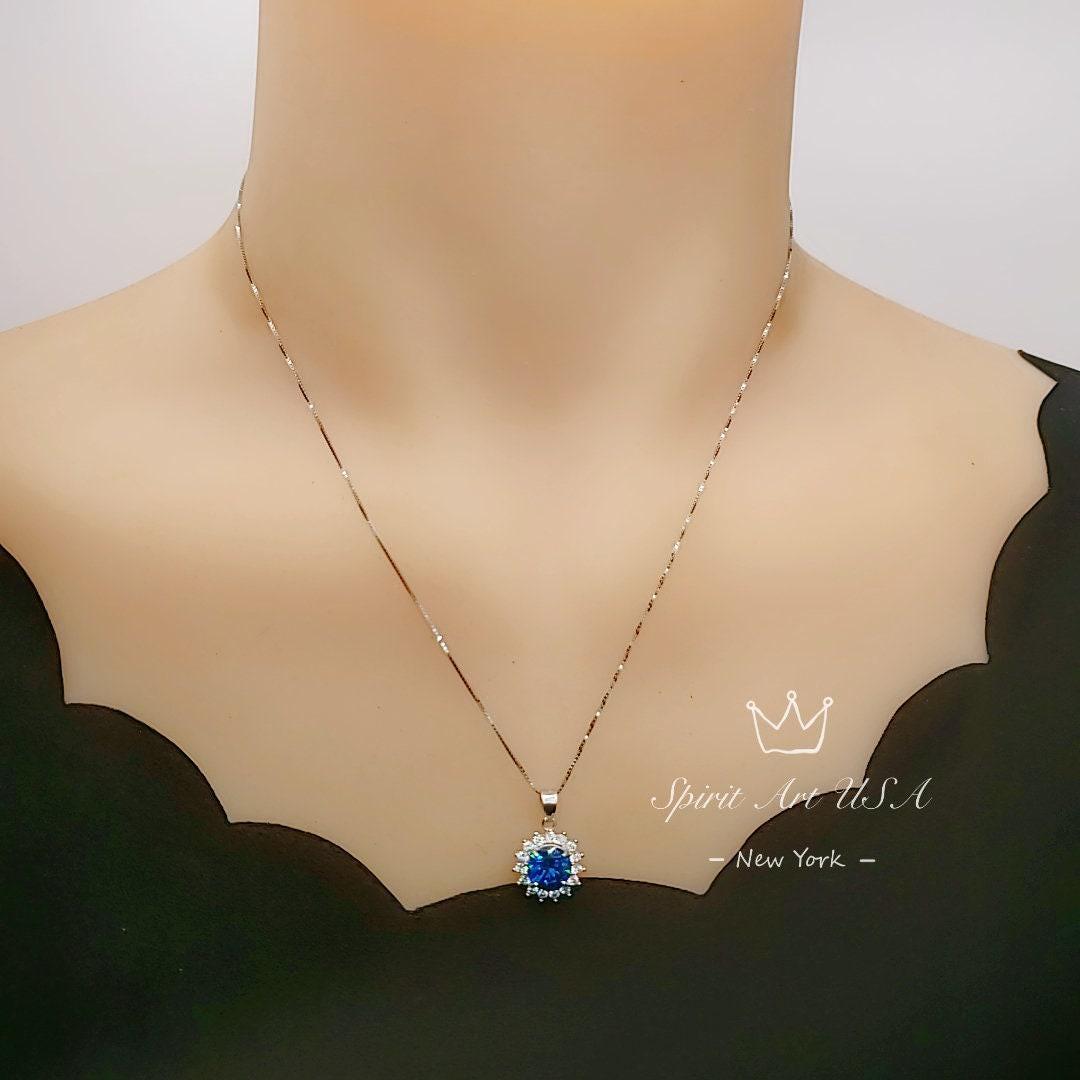 Blue Sapphire Necklace Gemstone Sunflower Pendant 8 mm White Gold Coated Princess Diana Style 2 CT Deep Blue Gemstone Jewelry #283