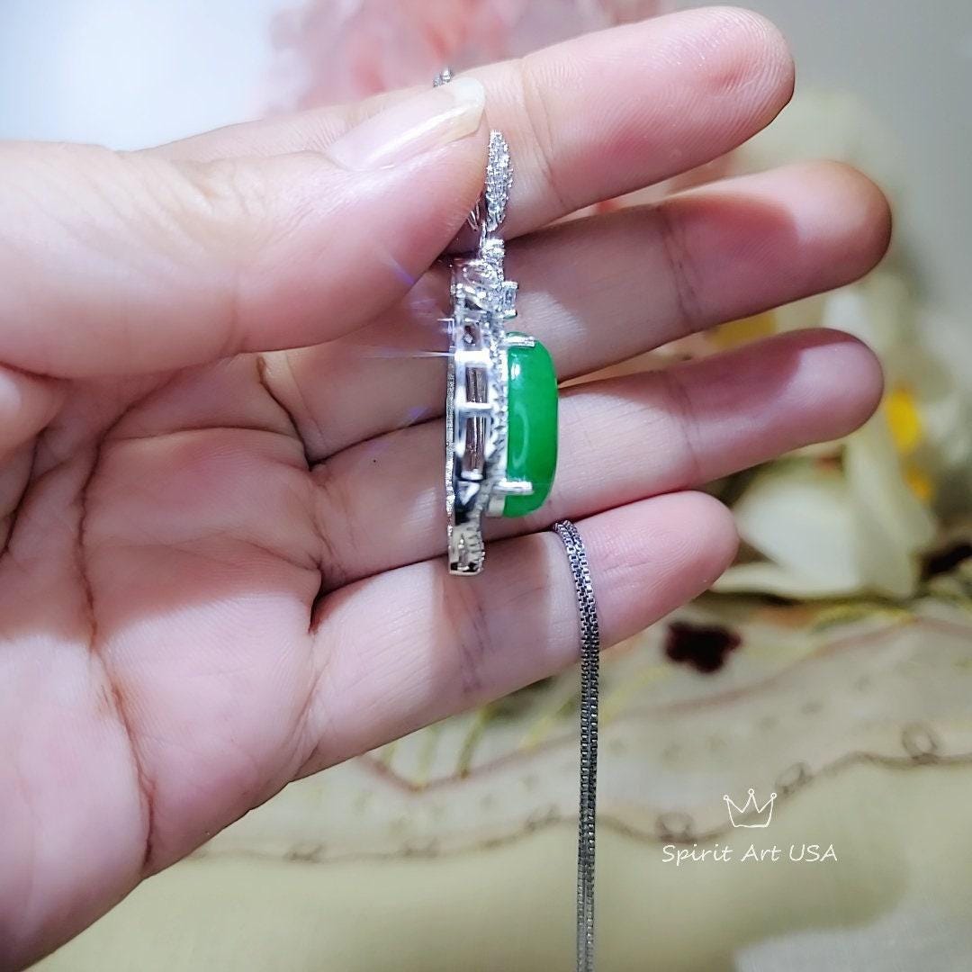 Large Green Jade Necklace Diamond Crown White Gold Coated Sterling Silver Green Jade Pendant Jewelry 1046
