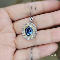 Blue Sapphire Lotus Flower Necklace Gemstone Gold Halo 3 ct Oval Blue Gemstone Pendant Sterling Silver White Gold plated Jewelry #720