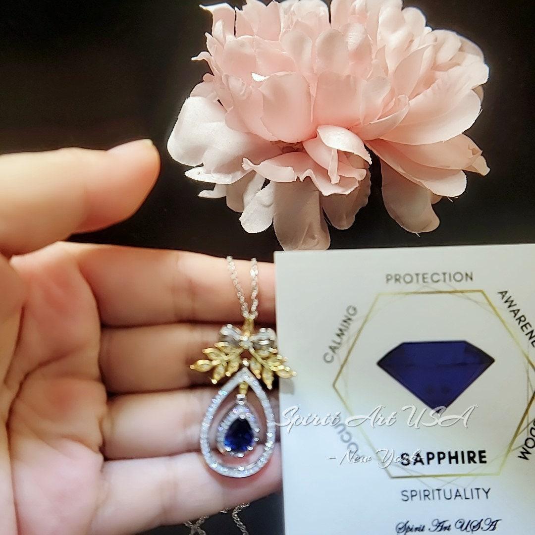 Teardrop Blue Sapphire Necklace Large Gold the Tree Of Life Pendant 18KGP Sterling Silver olive branch Necklace Blue Sapphire Pendant #859