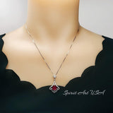Mandolin flower Red Ruby Necklace - 1.2 ct Trillion Cut Red Ruby Pendant - White Gold coated Sterling Silver #678
