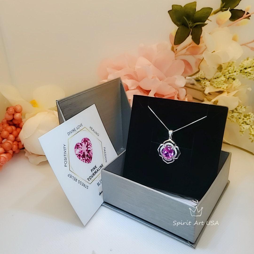 Large Pink Tourmaline Necklace- Sterling Silver Gemstone Flower OF Life Pendant - Oval 4 ct Wedding Bridal Pendant #630
