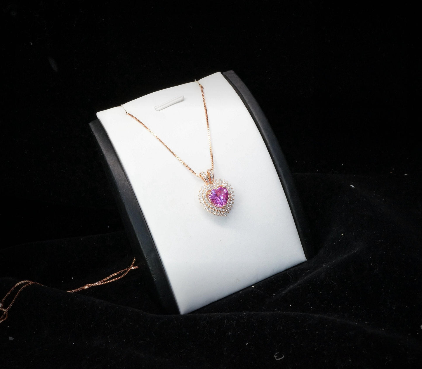 Pink Tourmaline Necklace - Double Halo Heart Rose gold at Sterling Silver - 8mm 2 ct Pink Tourmaline Pendant Jewelry #975
