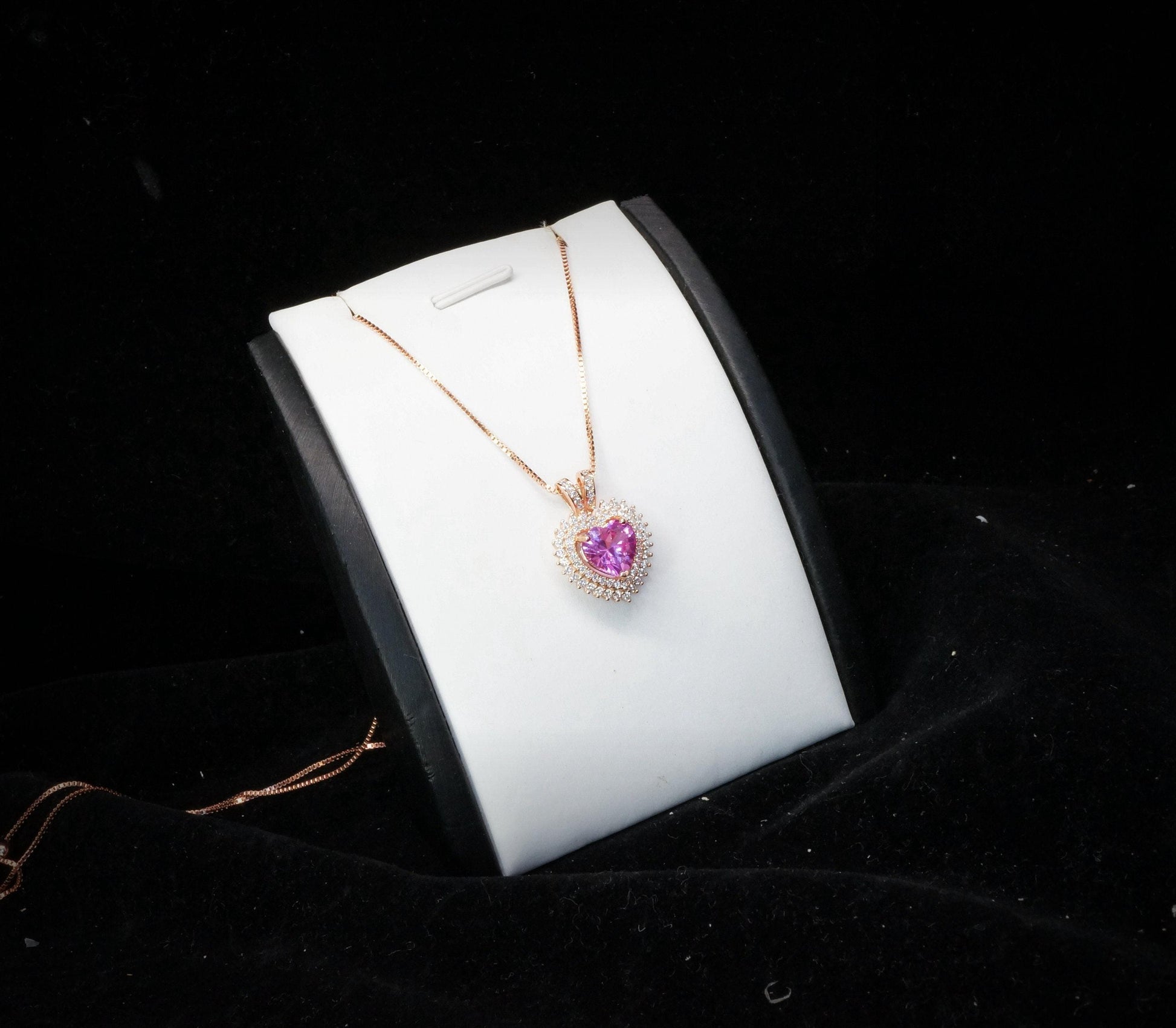 Pink Tourmaline Necklace - Double Halo Heart Rose gold at Sterling Silver - 8mm 2 ct Pink Tourmaline Pendant Jewelry #975
