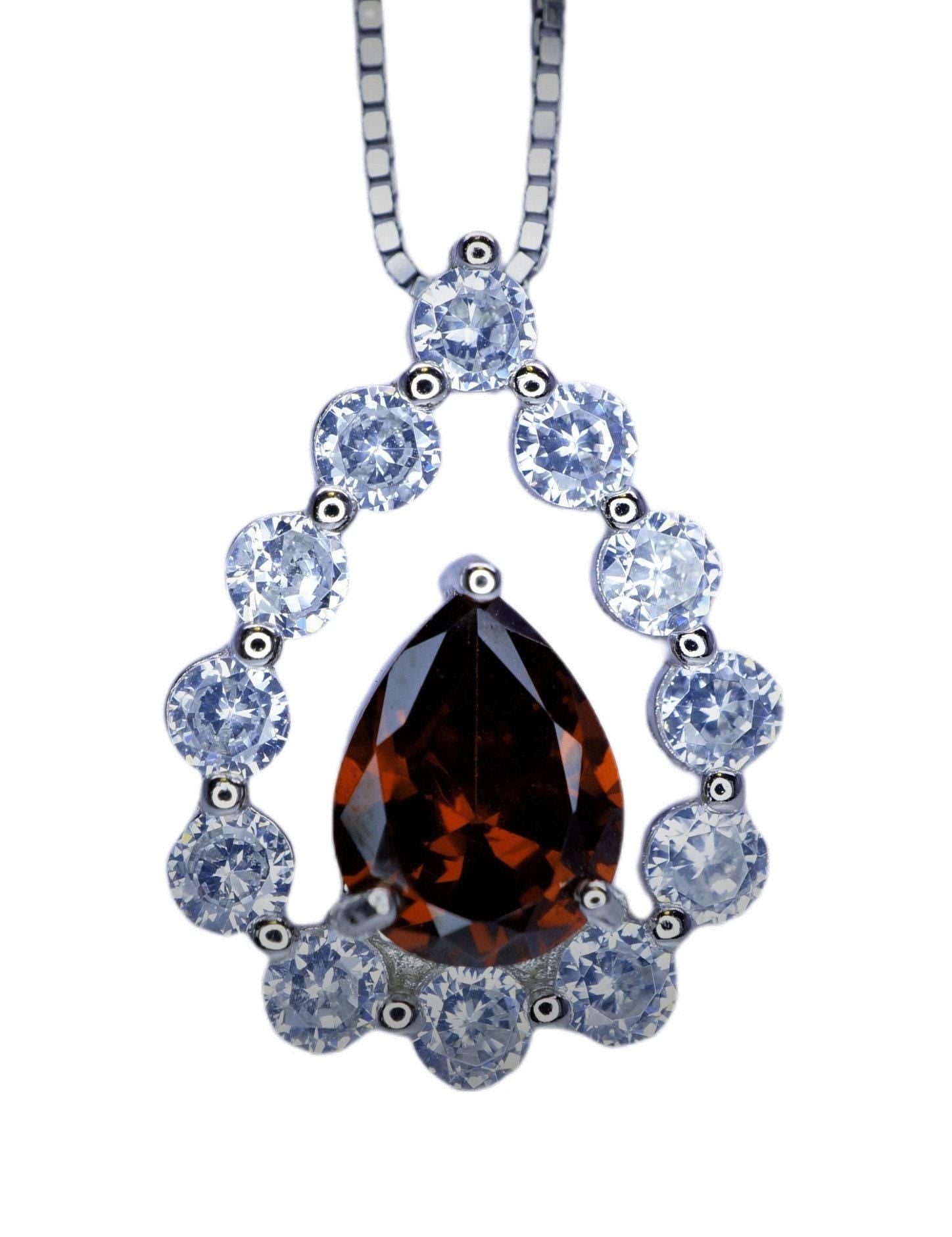 Spessartite Garnet Necklace - Teardrop Gemstone Halo Garnet Pendant - 18kgp @ Sterling Silver - January Birthstone #410