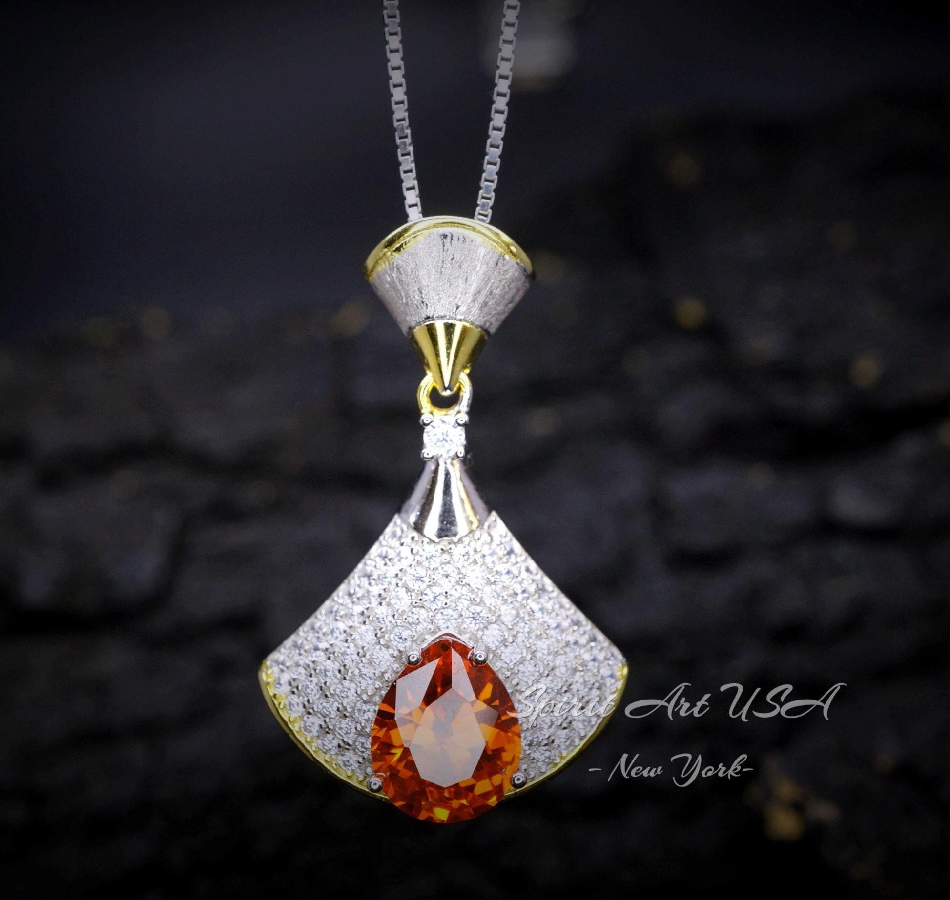 Brilliant Sunstone Necklace - Full Sterling Silver - White Gold coated - Gemstone Drop 3 CT Orange Spessartite Garnet Jewelry #828