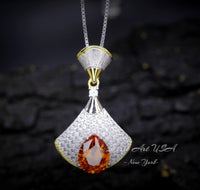 Brilliant Sunstone Necklace - Full Sterling Silver - White Gold coated - Gemstone Drop 3 CT Orange Spessartite Garnet Jewelry #828
