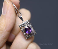 Sterling Silver Amethyst Necklace, Geometric Rectangle Natural Amethyst Pendant 925 Silver Box Chain February Birthstone 1055