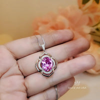Large Pink Tourmaline Necklace- Sterling Silver Gemstone Flower OF Life Pendant - Oval 4 ct Wedding Bridal Pendant #630