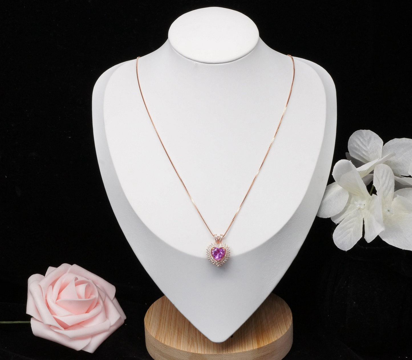 Pink Tourmaline Necklace - Double Halo Heart Rose gold at Sterling Silver - 8mm 2 ct Pink Tourmaline Pendant Jewelry #975