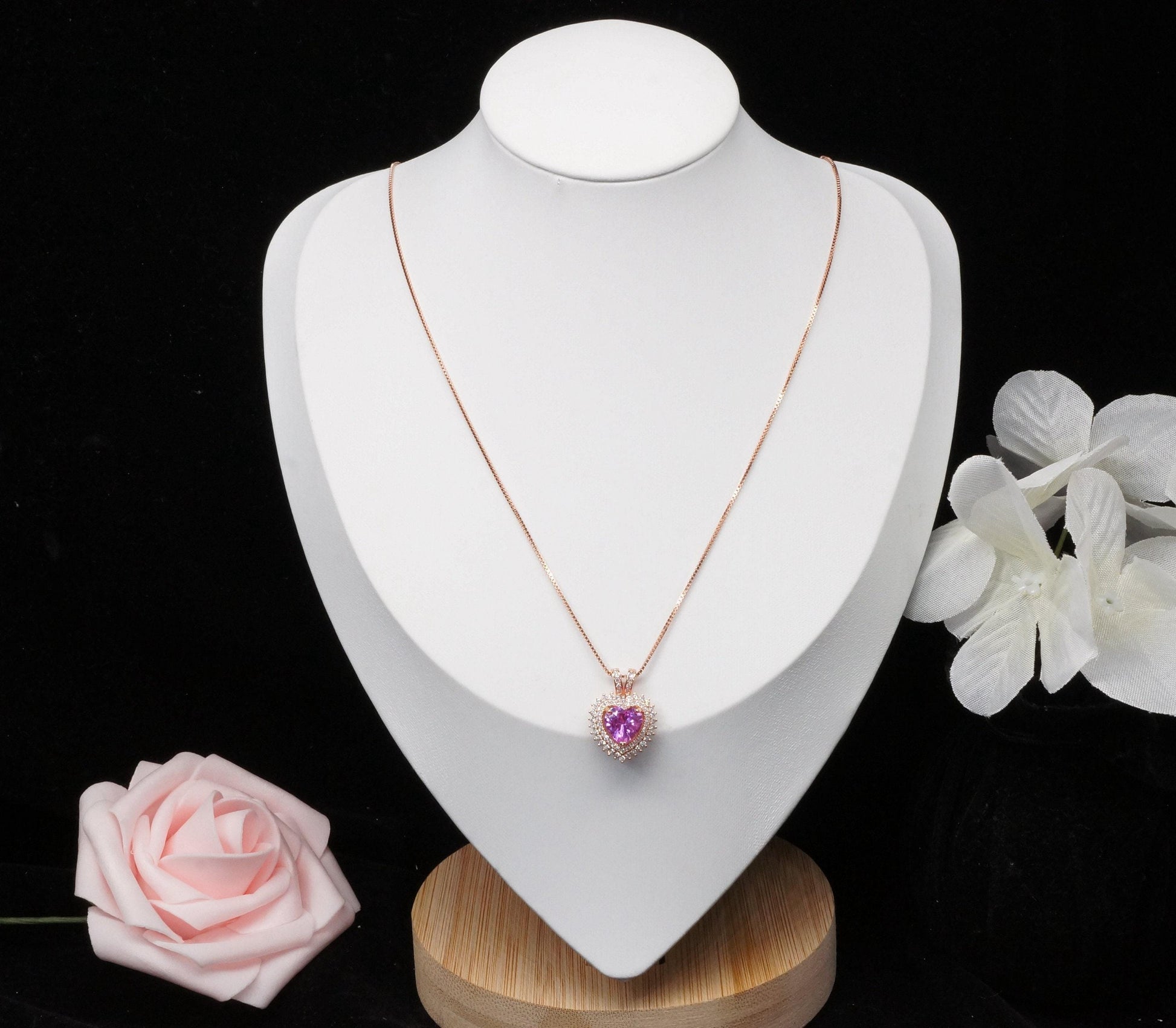 Pink Tourmaline Necklace - Double Halo Heart Rose gold at Sterling Silver - 8mm 2 ct Pink Tourmaline Pendant Jewelry #975