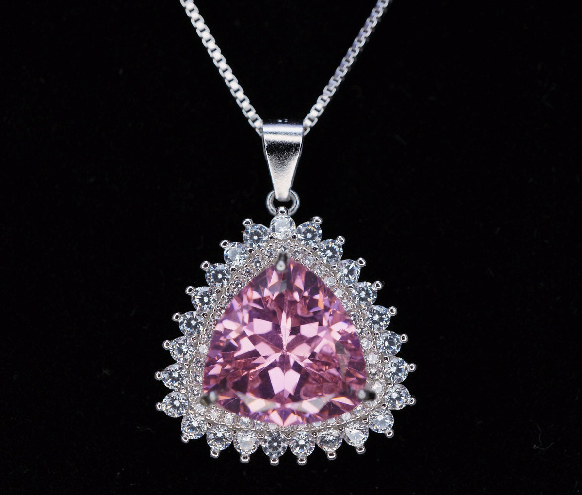Large Triangle Pink Topaz Necklace, Sterling Silver Gemstone Trillion Pink Gemstone 7 CT Pendant White Gold plated #721