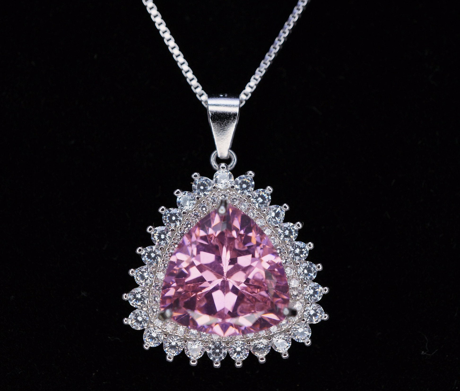 Large Triangle Pink Topaz Necklace, Sterling Silver Gemstone Trillion Pink Gemstone 7 CT Pendant White Gold plated #721