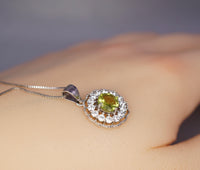 Genuine Peridot Necklace - Sterling Silver Green Peridot Flower Necklace Diamond 18k white gold 1079