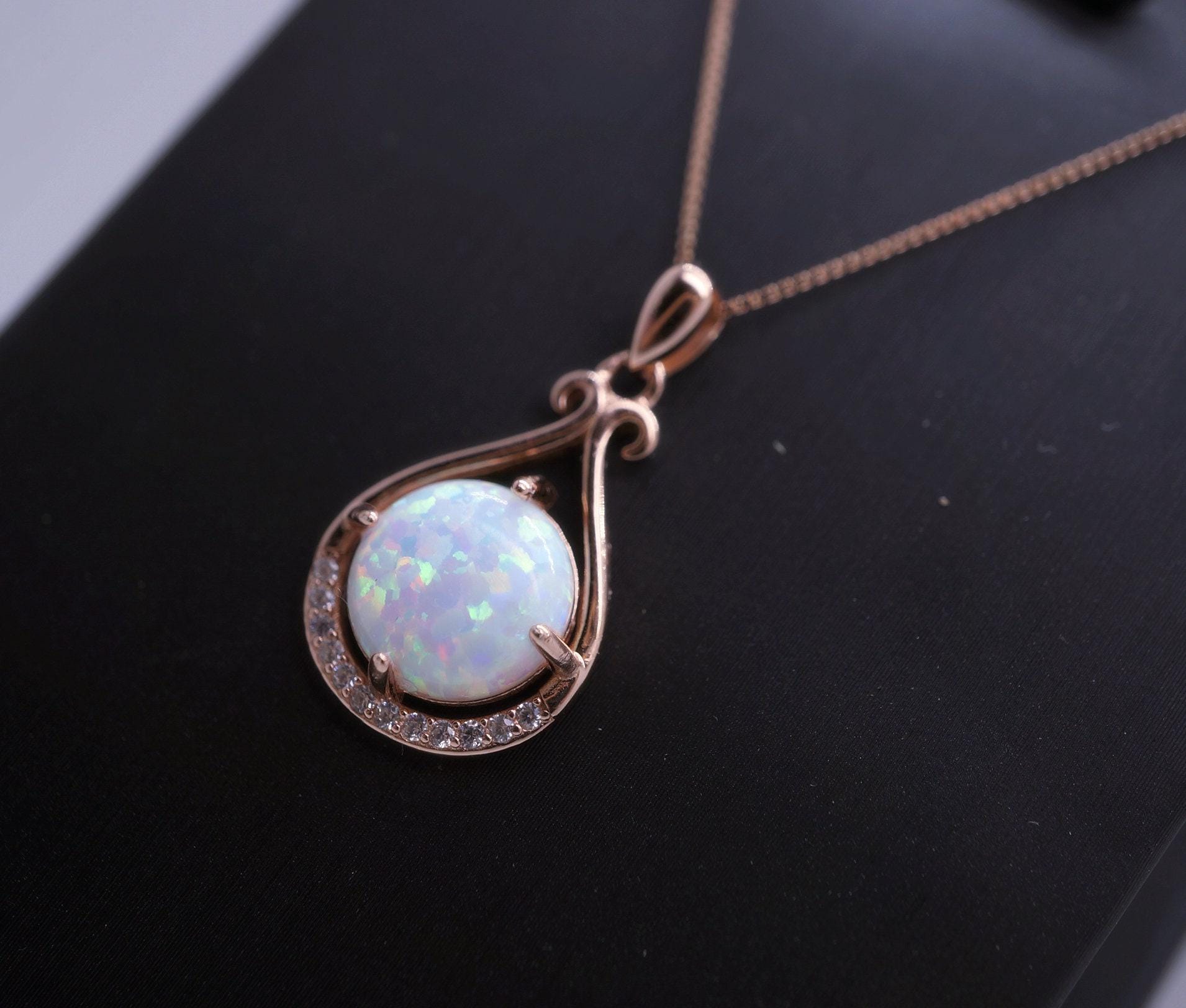 Rose Gold Opal Necklace, Sterling Silver Box Chain Round 10mm White Opal Necklace - Large High Quality Flash Opal Jewelry #123