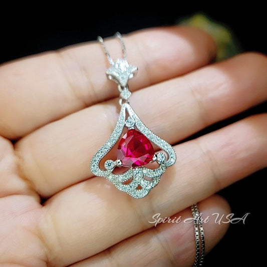 Mandolin flower Red Ruby Necklace - 1.2 ct Trillion Cut Red Ruby Pendant - White Gold coated Sterling Silver #1007