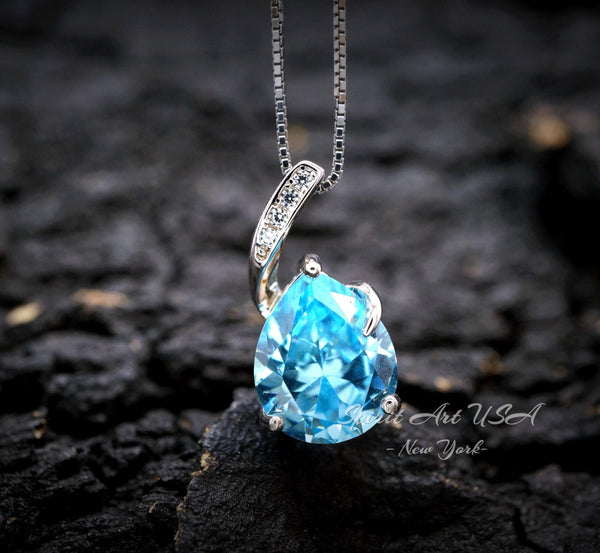 Classic Simple Aquamarine Necklace - 18KGP& Sterling Silver - Teardrop Blue Aquamarine Pendant - March Birthstone - Pear 3.5 CT Large #680