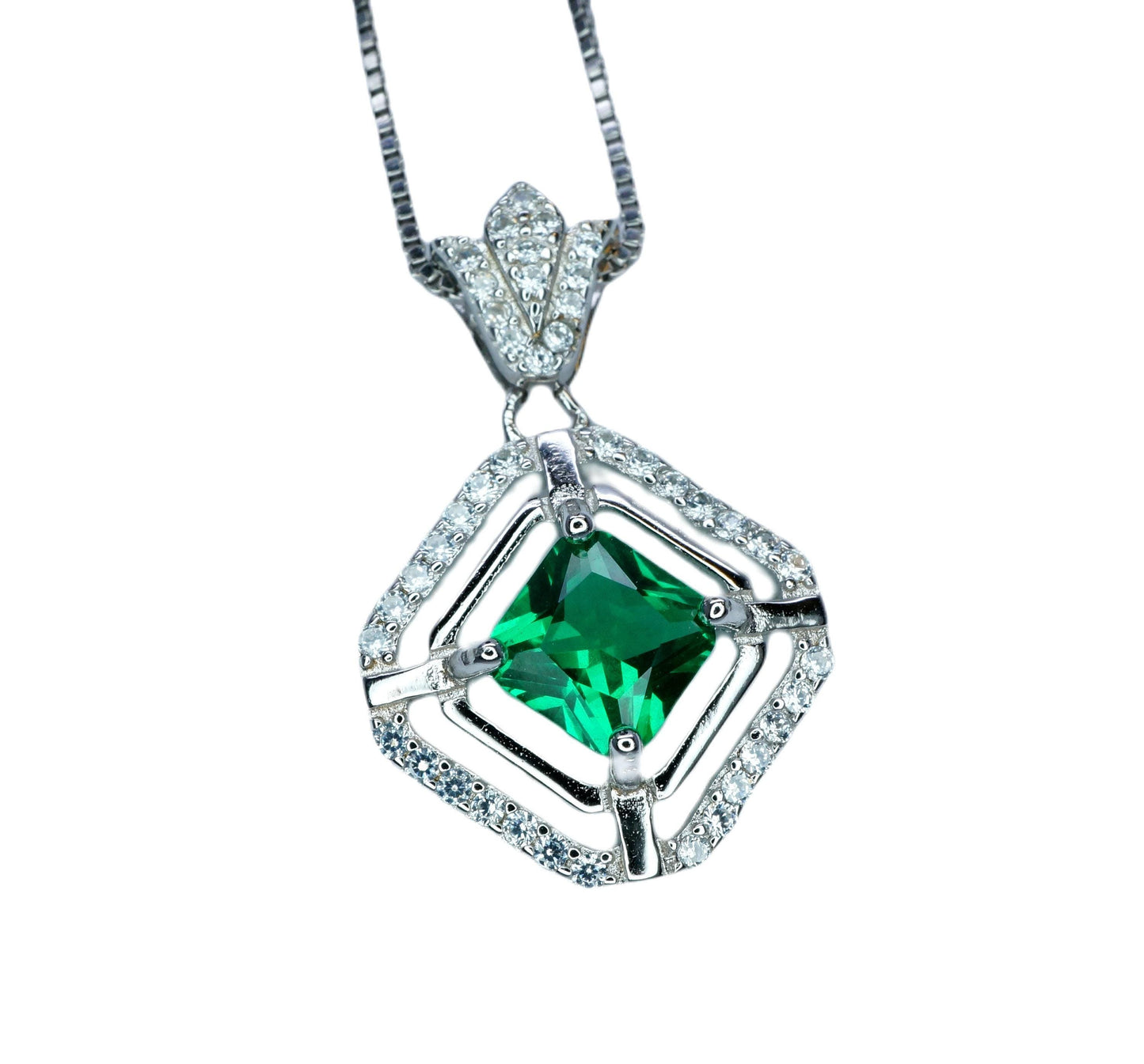 Emerald Pendant Necklace in 925 Sterling Silver Overlap Square Design May Birthstone 18K white yellow rose Gold Plated Gemstone Jewelry 249