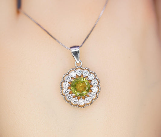Genuine Peridot Necklace - Sterling Silver Green Peridot Flower Necklace Diamond 18k white gold 1079