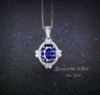 Tanzanite Necklace - 2 CT Oval Cut Diamond Halo Blue Tanzanite Pendant - 18KGP @ Sterling Silver - Solitaire Lab Created Blue Gemstone #317