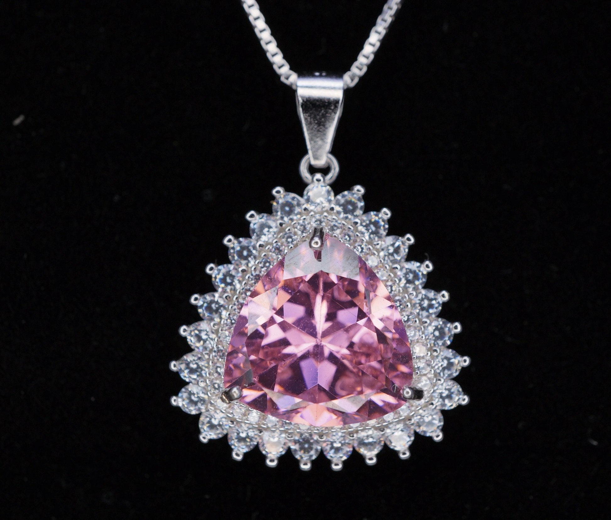 Large Triangle Pink Topaz Necklace, Sterling Silver Gemstone Trillion Pink Gemstone 7 CT Pendant White Gold plated #721