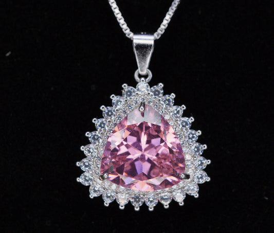 Large Triangle Pink Topaz Necklace, Sterling Silver Gemstone Trillion Pink Gemstone 7 CT Pendant White Gold plated #721