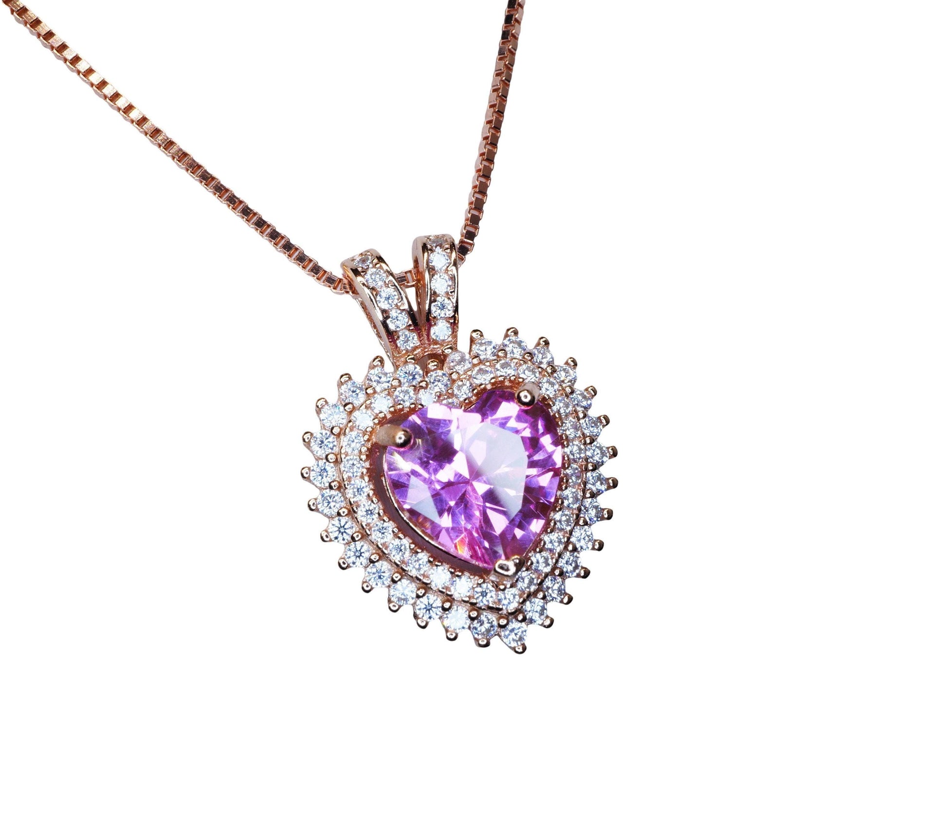 Pink Tourmaline Necklace - Double Halo Heart Rose gold at Sterling Silver - 8mm 2 ct Pink Tourmaline Pendant Jewelry #975