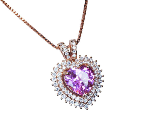 Pink Tourmaline Necklace - Double Halo Heart Rose gold at Sterling Silver - 8mm 2 ct Pink Tourmaline Pendant Jewelry #975